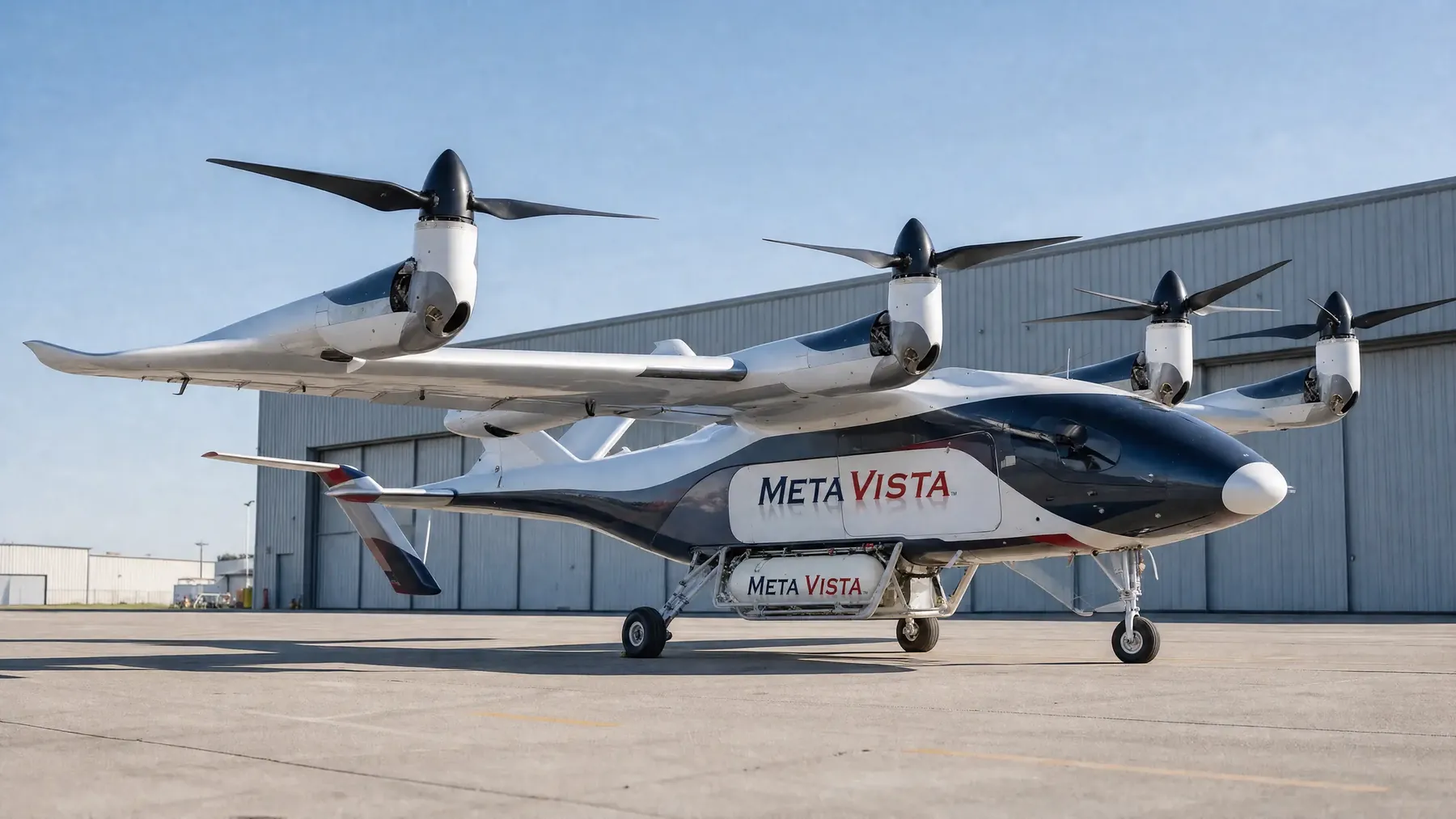 MetaVista tilt-rotor aircraft with an under-mounted liquid-hydrogen tank, parked outside a hangar