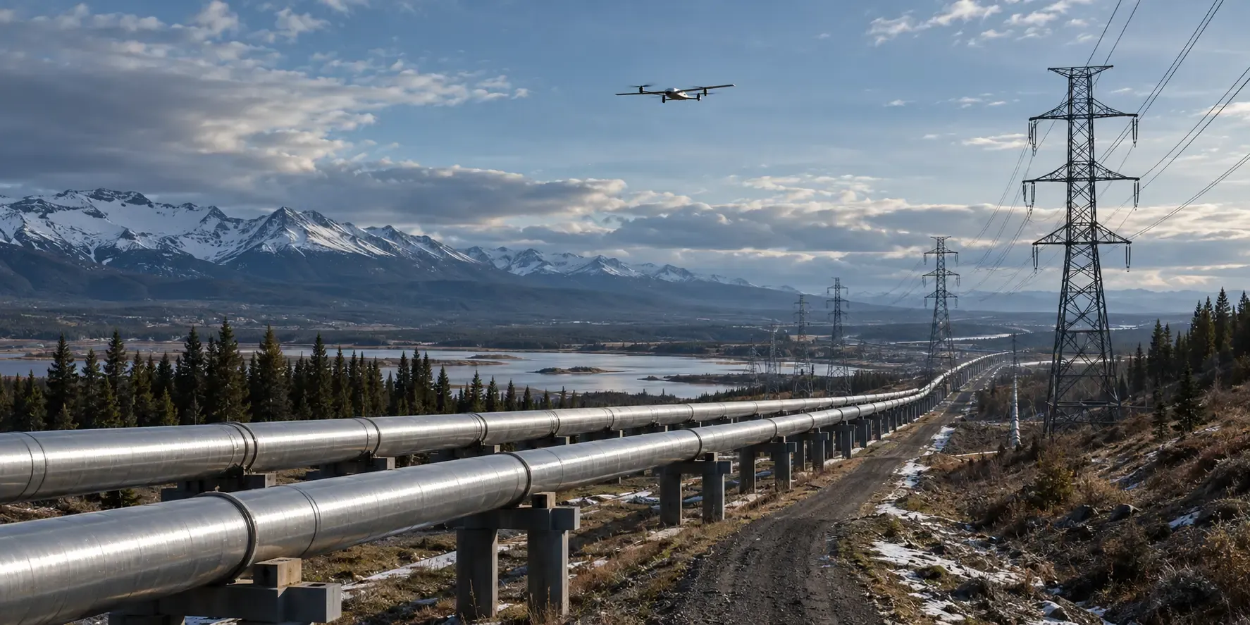MetaVista aircraft above a pipeline and power lines crossing a mountain valley